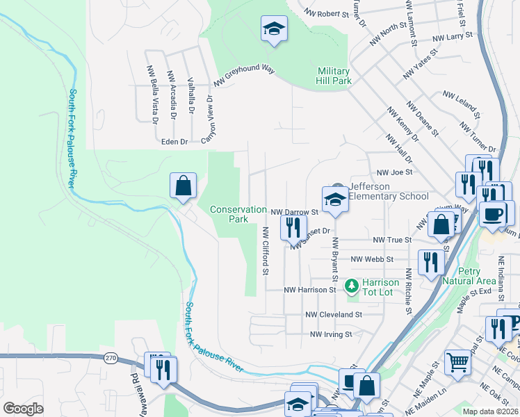 map of restaurants, bars, coffee shops, grocery stores, and more near 1215 Northwest Clifford Street in Pullman
