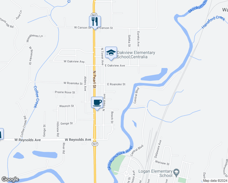 map of restaurants, bars, coffee shops, grocery stores, and more near Scott Street in Centralia