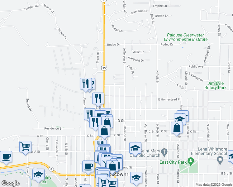 map of restaurants, bars, coffee shops, grocery stores, and more near 602 North Washington Street in Moscow