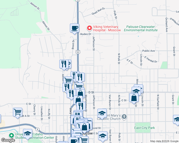 map of restaurants, bars, coffee shops, grocery stores, and more near 602 North Washington Street in Moscow
