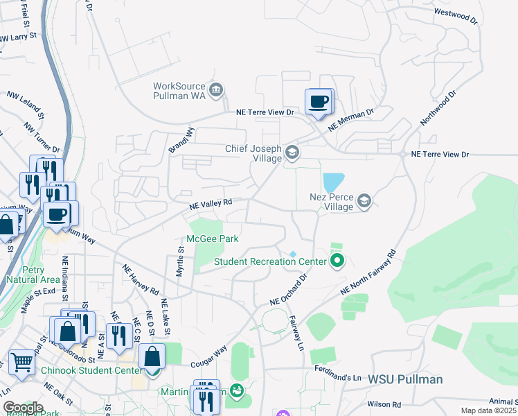 map of restaurants, bars, coffee shops, grocery stores, and more near 1725 Northeast Valley Road in Pullman