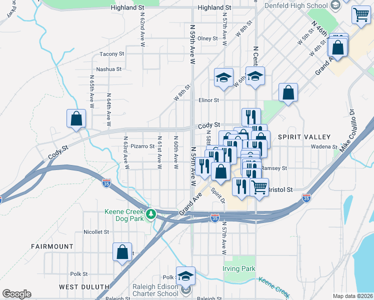map of restaurants, bars, coffee shops, grocery stores, and more near 425 North 59th Avenue West in Duluth