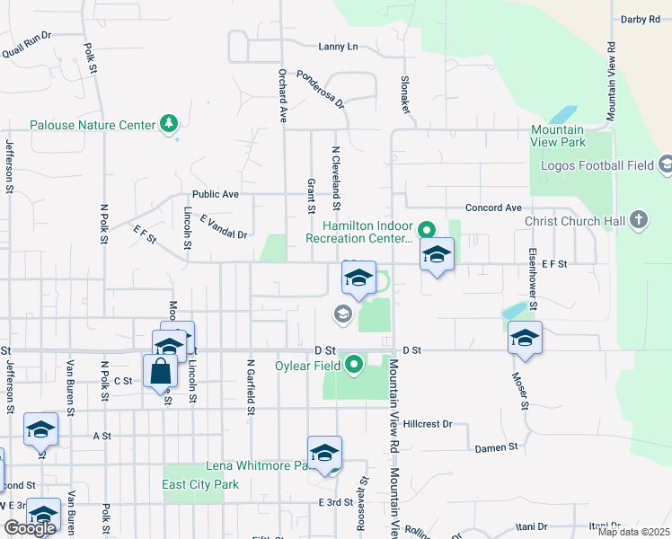 map of restaurants, bars, coffee shops, grocery stores, and more near 650 North Cleveland Street in Moscow
