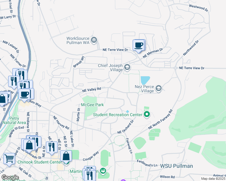 map of restaurants, bars, coffee shops, grocery stores, and more near 1725 Northeast Valley Road in Pullman
