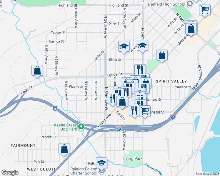map of restaurants, bars, coffee shops, grocery stores, and more near 425 North 59th Avenue West in Duluth