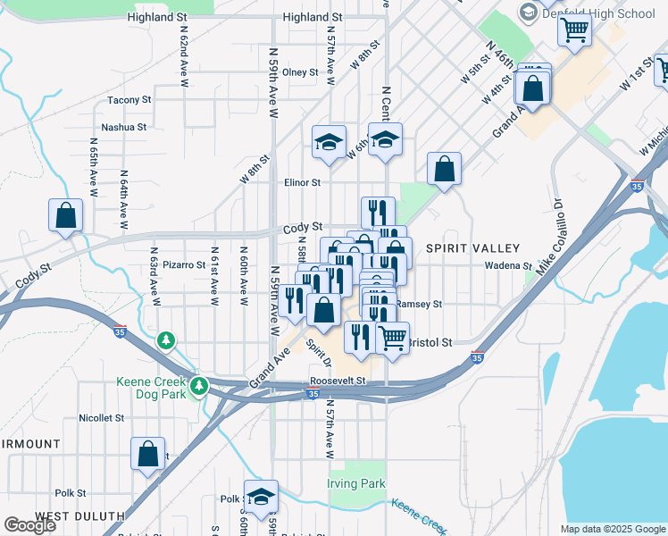 map of restaurants, bars, coffee shops, grocery stores, and more near 434 North 57th Avenue West in Duluth