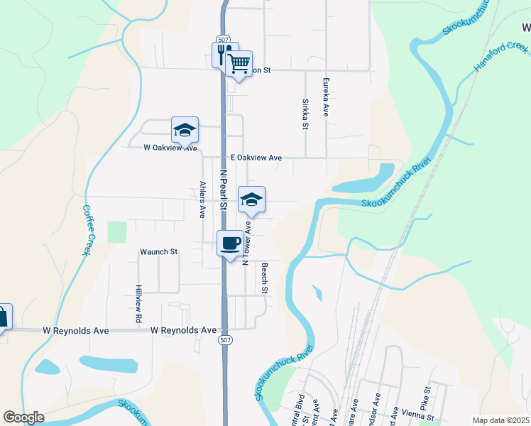 map of restaurants, bars, coffee shops, grocery stores, and more near 202 Scott Street in Centralia
