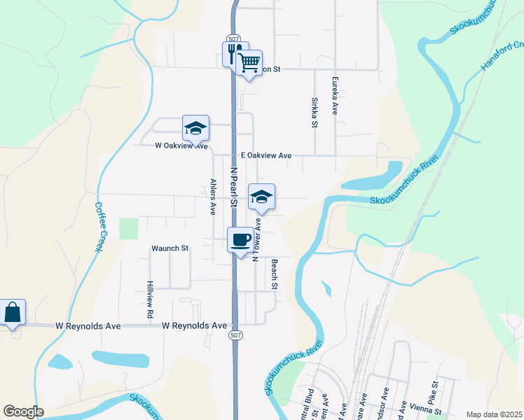 map of restaurants, bars, coffee shops, grocery stores, and more near 202 Scott Street in Centralia