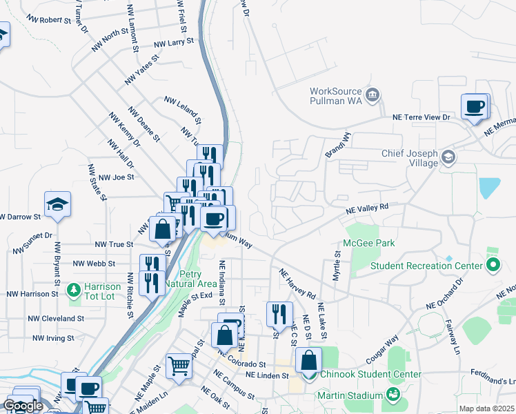 map of restaurants, bars, coffee shops, grocery stores, and more near Northeast Providence Court in Pullman