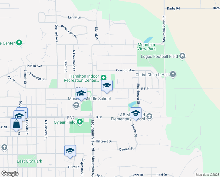 map of restaurants, bars, coffee shops, grocery stores, and more near 1779 East F Street in Moscow