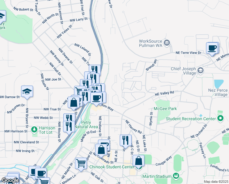 map of restaurants, bars, coffee shops, grocery stores, and more near 1399 Northeast Monroe Street in Pullman