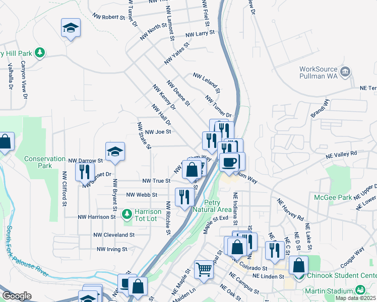 map of restaurants, bars, coffee shops, grocery stores, and more near 146 Northwest Stadium Way in Pullman