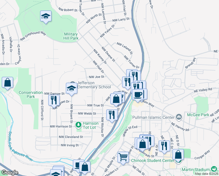 map of restaurants, bars, coffee shops, grocery stores, and more near 146 Northwest Stadium Way in Pullman