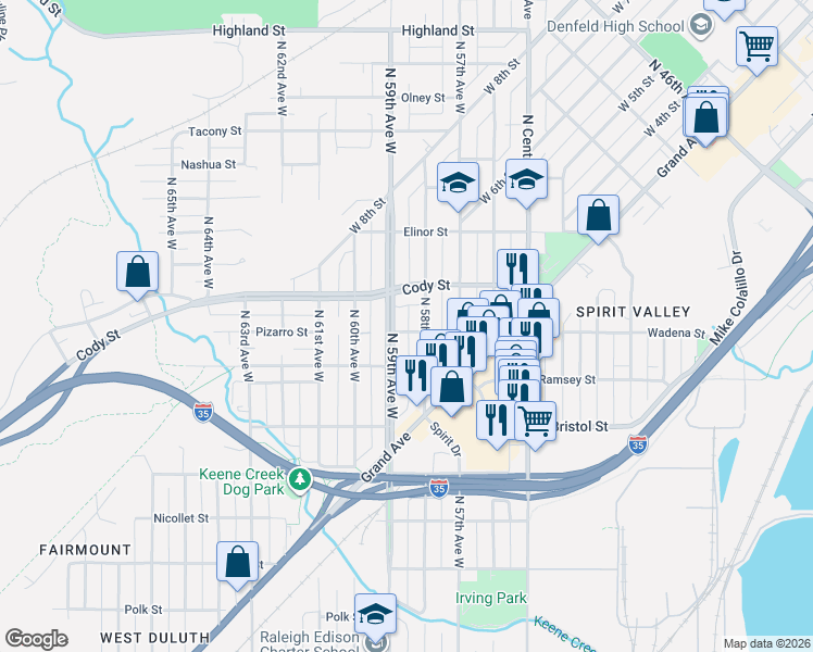 map of restaurants, bars, coffee shops, grocery stores, and more near 425 North 59th Avenue West in Duluth