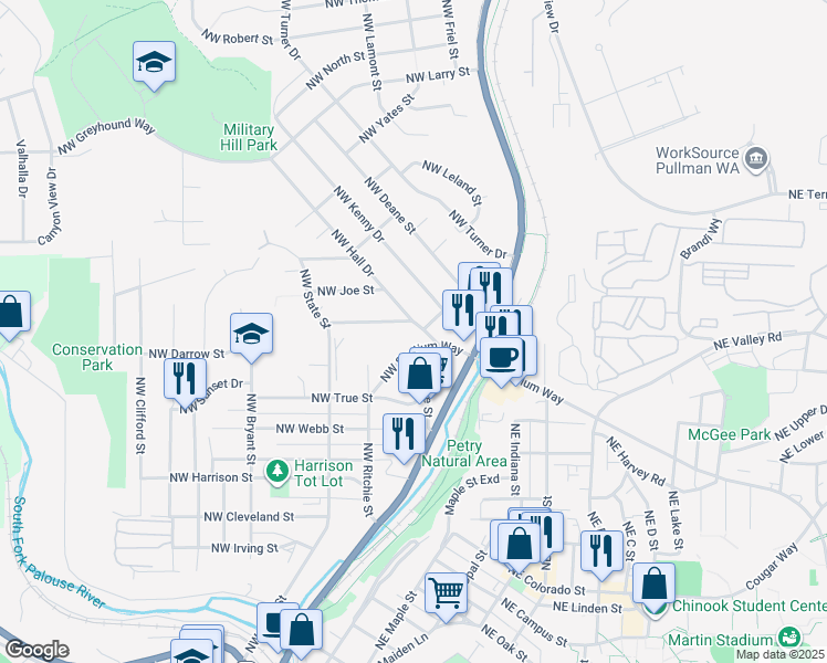 map of restaurants, bars, coffee shops, grocery stores, and more near 146 Northwest Stadium Way in Pullman