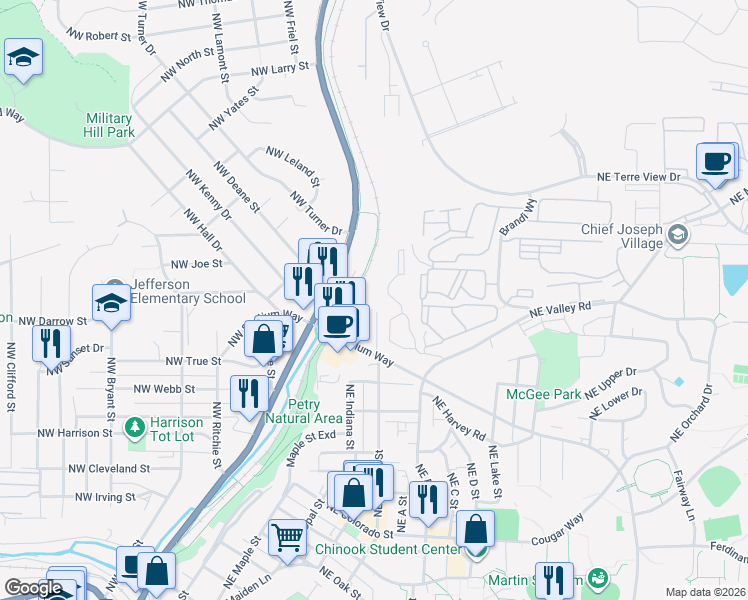 map of restaurants, bars, coffee shops, grocery stores, and more near 1399 Northeast Monroe Street in Pullman