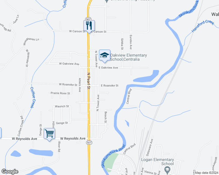 map of restaurants, bars, coffee shops, grocery stores, and more near 220 East Roanoke Street in Centralia
