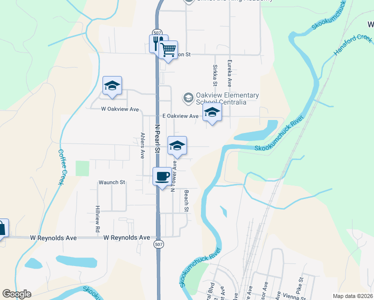 map of restaurants, bars, coffee shops, grocery stores, and more near 202 Scott Street in Centralia