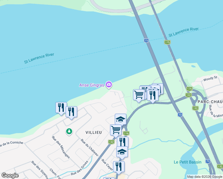 map of restaurants, bars, coffee shops, grocery stores, and more near 192 Chemin de l'Anse Gingras in Lévis