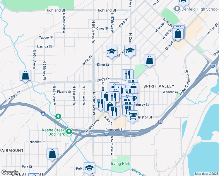 map of restaurants, bars, coffee shops, grocery stores, and more near 434 North 57th Avenue West in Duluth