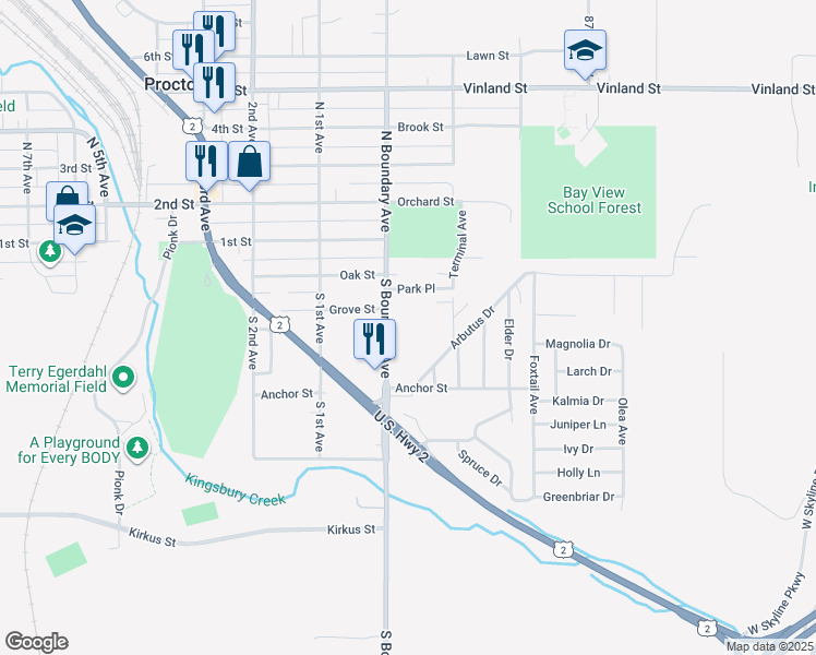 map of restaurants, bars, coffee shops, grocery stores, and more near 8 Arbutus Drive in Proctor
