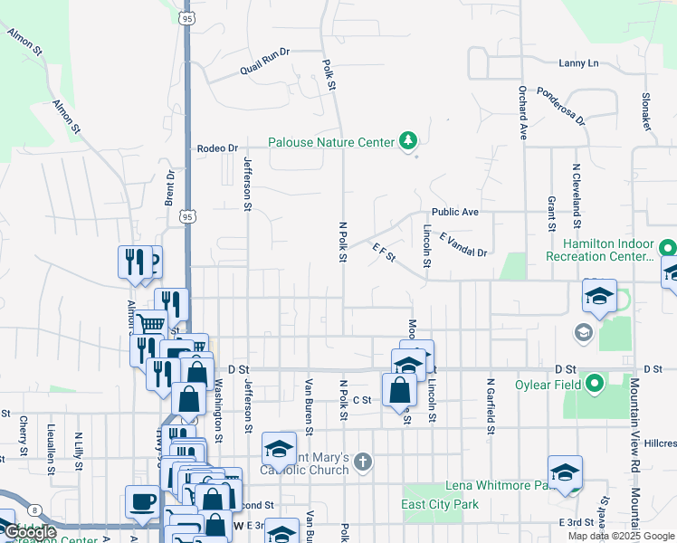 map of restaurants, bars, coffee shops, grocery stores, and more near 1671 North Polk Street in Moscow