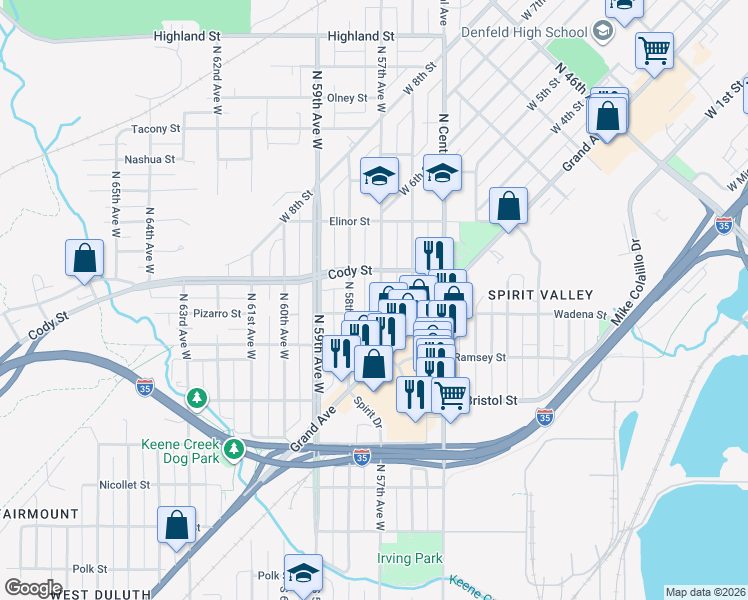 map of restaurants, bars, coffee shops, grocery stores, and more near 434 North 57th Avenue West in Duluth
