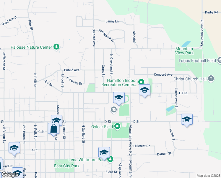 map of restaurants, bars, coffee shops, grocery stores, and more near 650 North Cleveland Street in Moscow