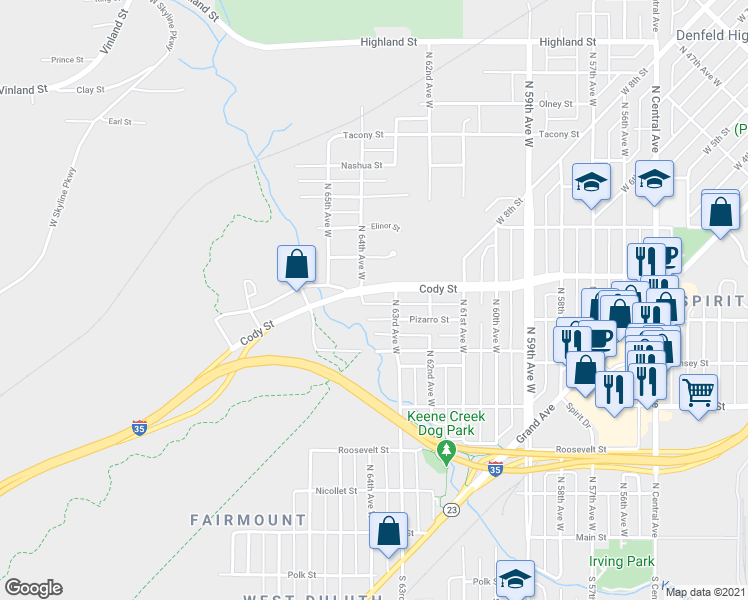 map of restaurants, bars, coffee shops, grocery stores, and more near 6316 Cody Street in Duluth