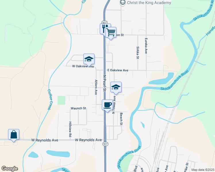 map of restaurants, bars, coffee shops, grocery stores, and more near 2114 North Pearl Street in Centralia