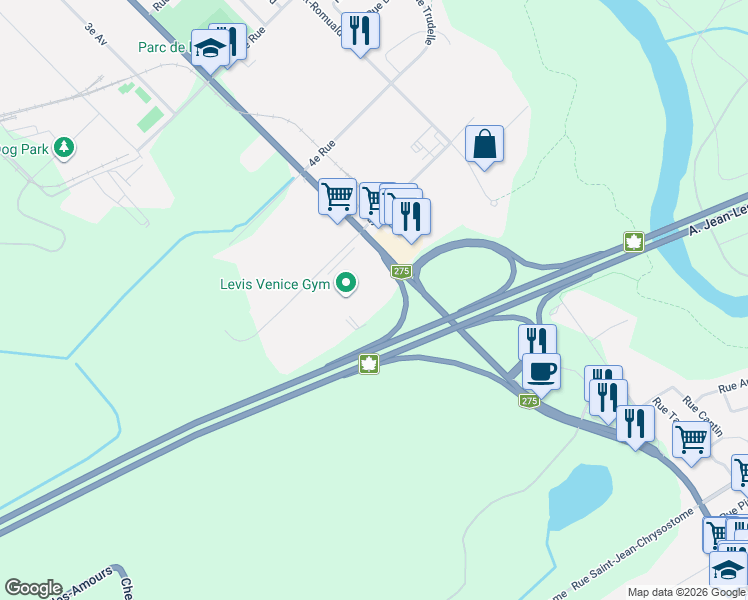 map of restaurants, bars, coffee shops, grocery stores, and more near 1984 5e Rue in Québec