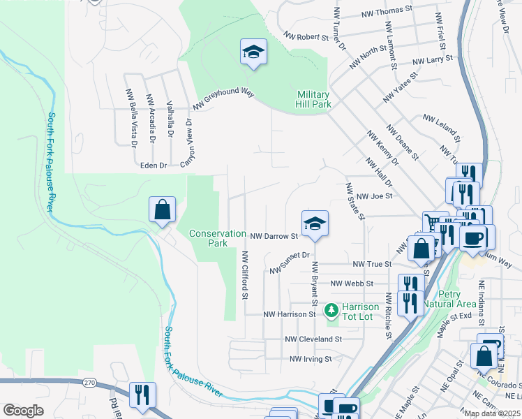 map of restaurants, bars, coffee shops, grocery stores, and more near 1399 Northwest Haven Circle in Pullman
