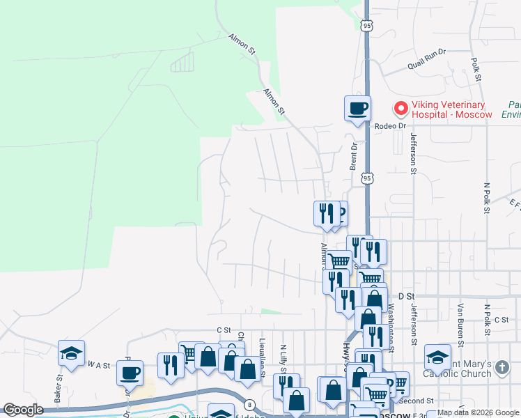 map of restaurants, bars, coffee shops, grocery stores, and more near 609 N Almon St in Moscow