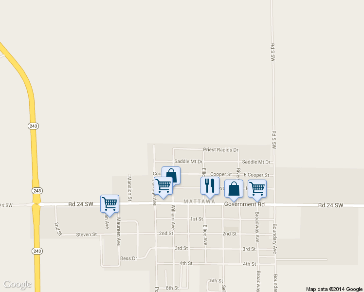 map of restaurants, bars, coffee shops, grocery stores, and more near 203 Priest Rapids Dr in Mattawa