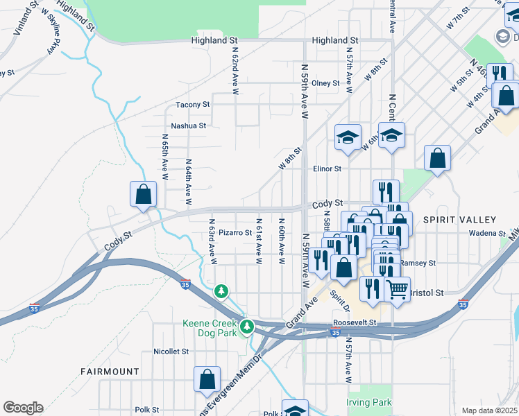 map of restaurants, bars, coffee shops, grocery stores, and more near 6101 Cody Street in Duluth