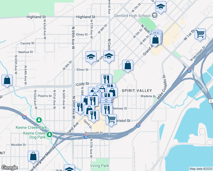 map of restaurants, bars, coffee shops, grocery stores, and more near 606 North 56th Avenue West in Duluth