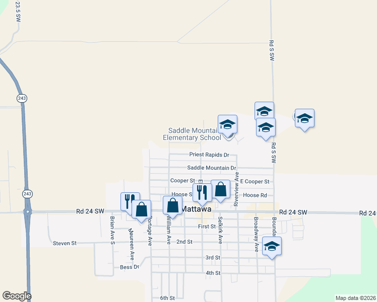map of restaurants, bars, coffee shops, grocery stores, and more near 203 Priest Rapids Drive in Mattawa
