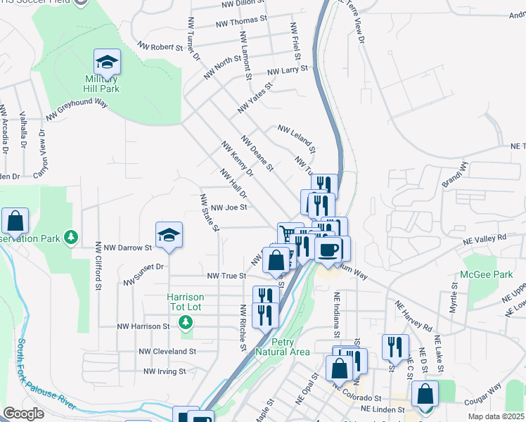 map of restaurants, bars, coffee shops, grocery stores, and more near 1350 Northwest Hall Drive in Pullman