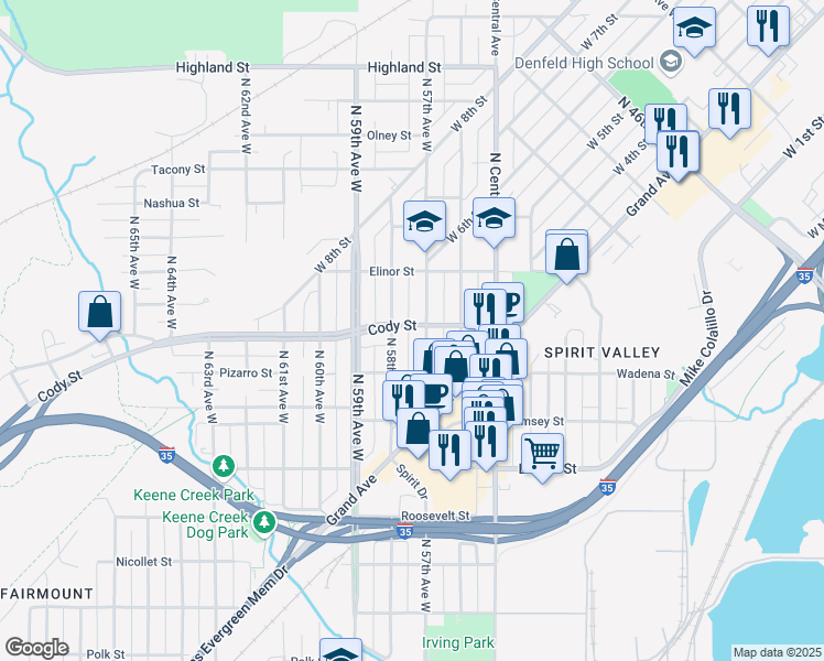 map of restaurants, bars, coffee shops, grocery stores, and more near 5708 Cody Street in Duluth