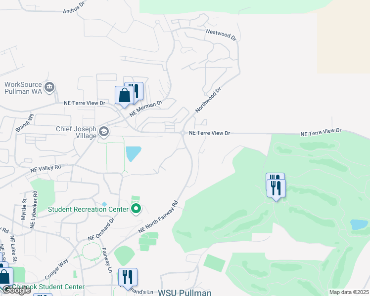 map of restaurants, bars, coffee shops, grocery stores, and more near 1445 Northeast North Fairway Road in Pullman