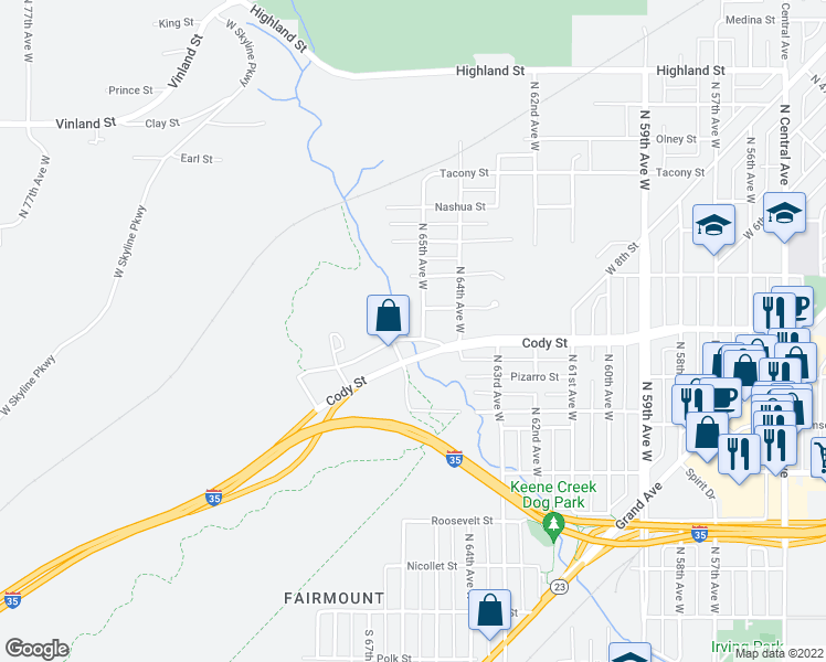 map of restaurants, bars, coffee shops, grocery stores, and more near 6501 Westgate Boulevard in Duluth