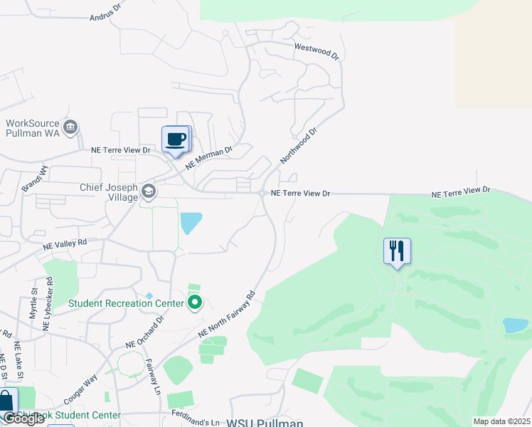 map of restaurants, bars, coffee shops, grocery stores, and more near 1445 Northeast North Fairway Road in Pullman