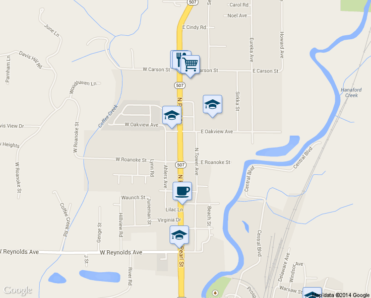 map of restaurants, bars, coffee shops, grocery stores, and more near 2114 North Pearl Street in Centralia