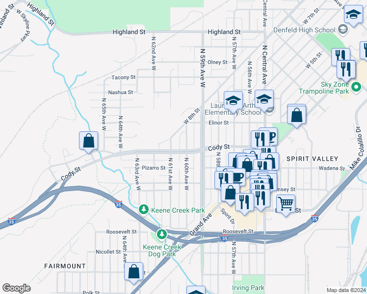 map of restaurants, bars, coffee shops, grocery stores, and more near 533 North 60th Avenue West in Duluth