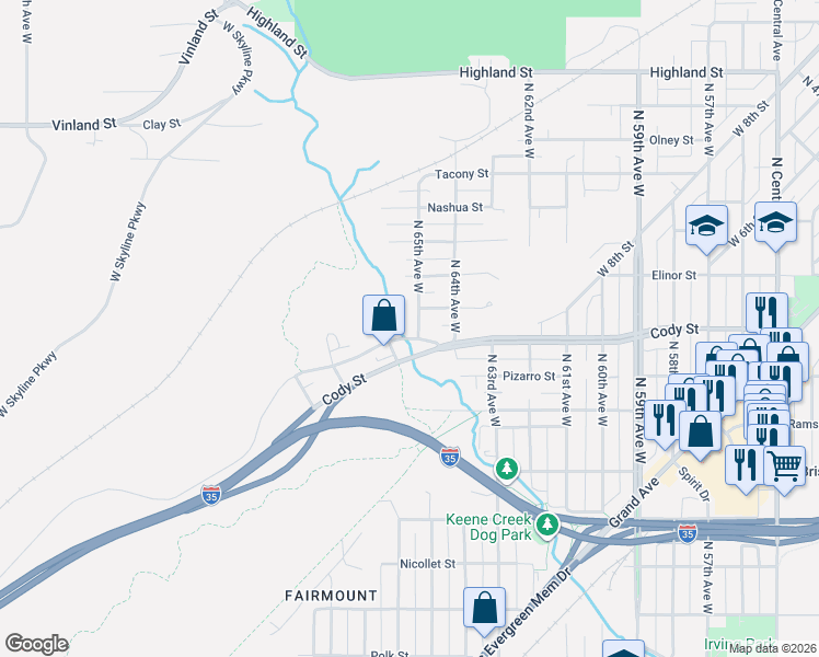 map of restaurants, bars, coffee shops, grocery stores, and more near 6501 Westgate Boulevard in Duluth