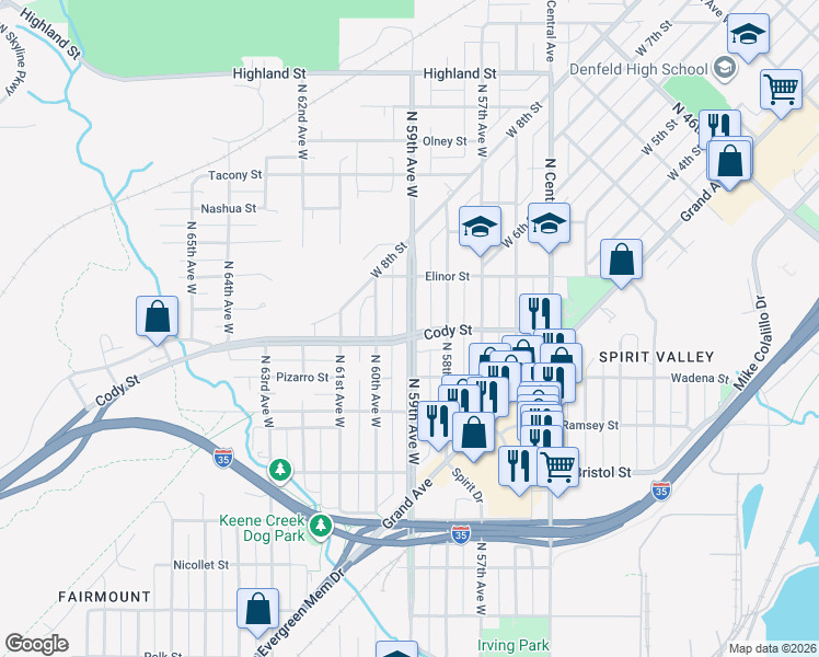 map of restaurants, bars, coffee shops, grocery stores, and more near 535 North 59th Avenue West in Duluth