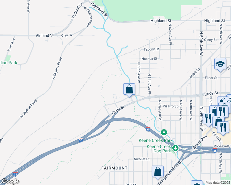 map of restaurants, bars, coffee shops, grocery stores, and more near 6621 Westgate Boulevard in Duluth