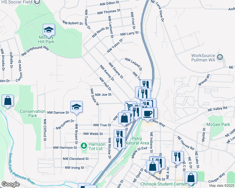 map of restaurants, bars, coffee shops, grocery stores, and more near 1350 Northwest Hall Drive in Pullman
