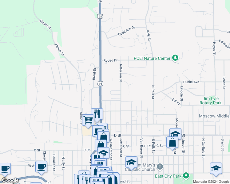 map of restaurants, bars, coffee shops, grocery stores, and more near 261 East McKinley Street in Moscow