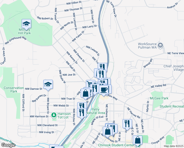 map of restaurants, bars, coffee shops, grocery stores, and more near 1320 Northwest Kenny Street in Pullman